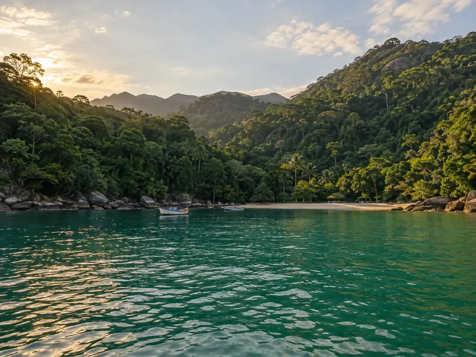 Uma enseada de água verde-esmeralda cercada por morros cobertos de mata atlântica, com pequenos barcos ao longe.